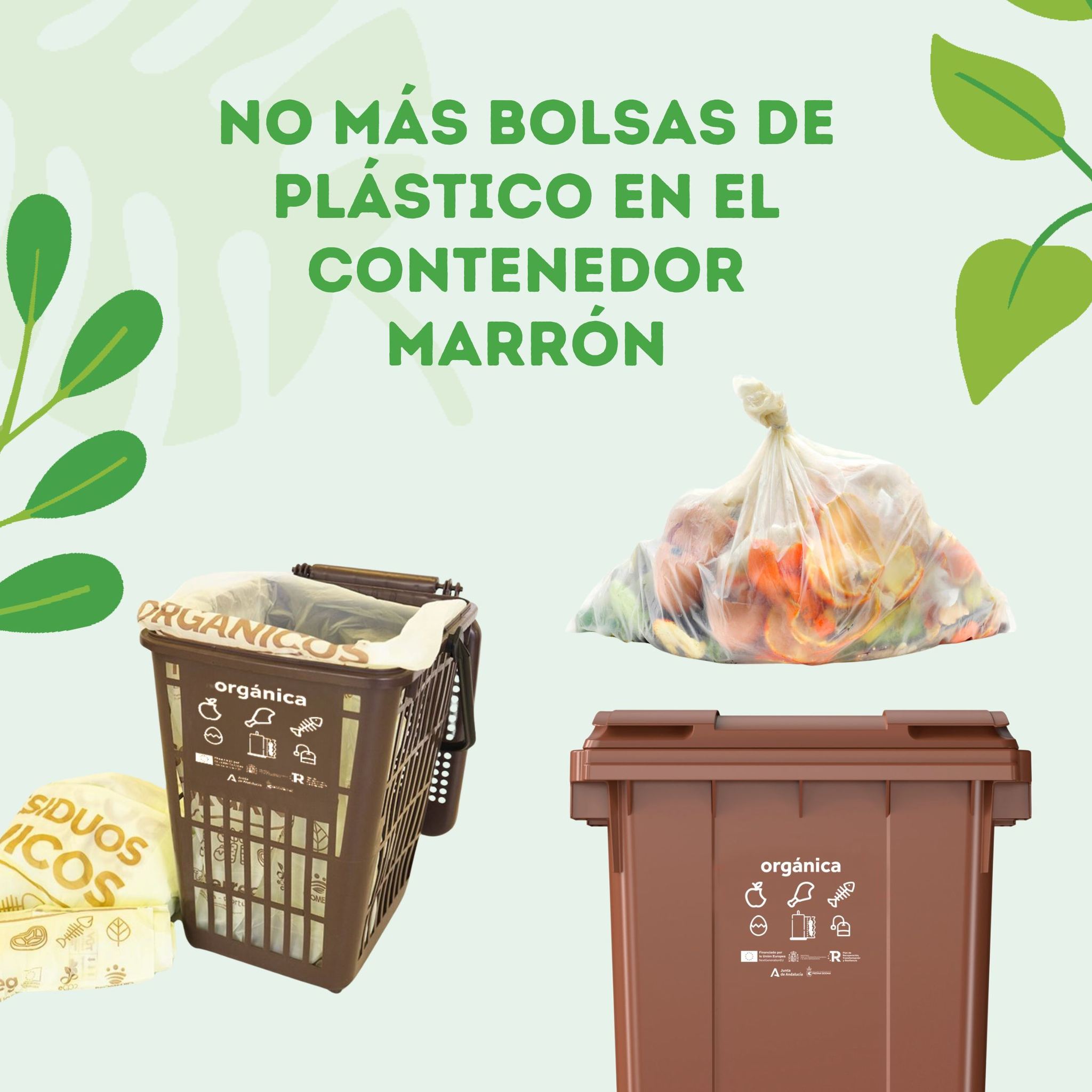 Cartel de no usar bolsas de plástico en el contenedor marrón